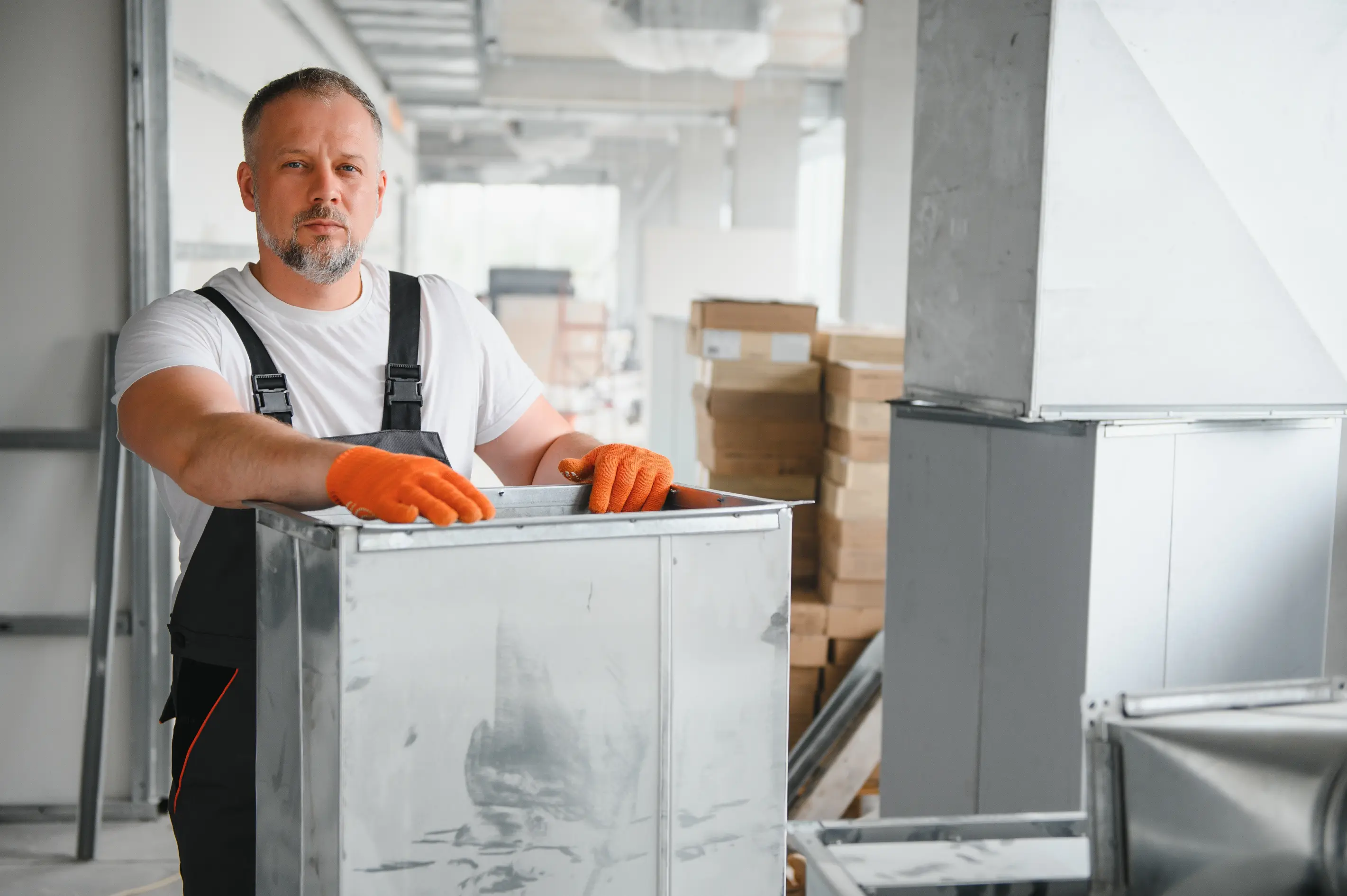 HVAC worker installing ducted pipe system