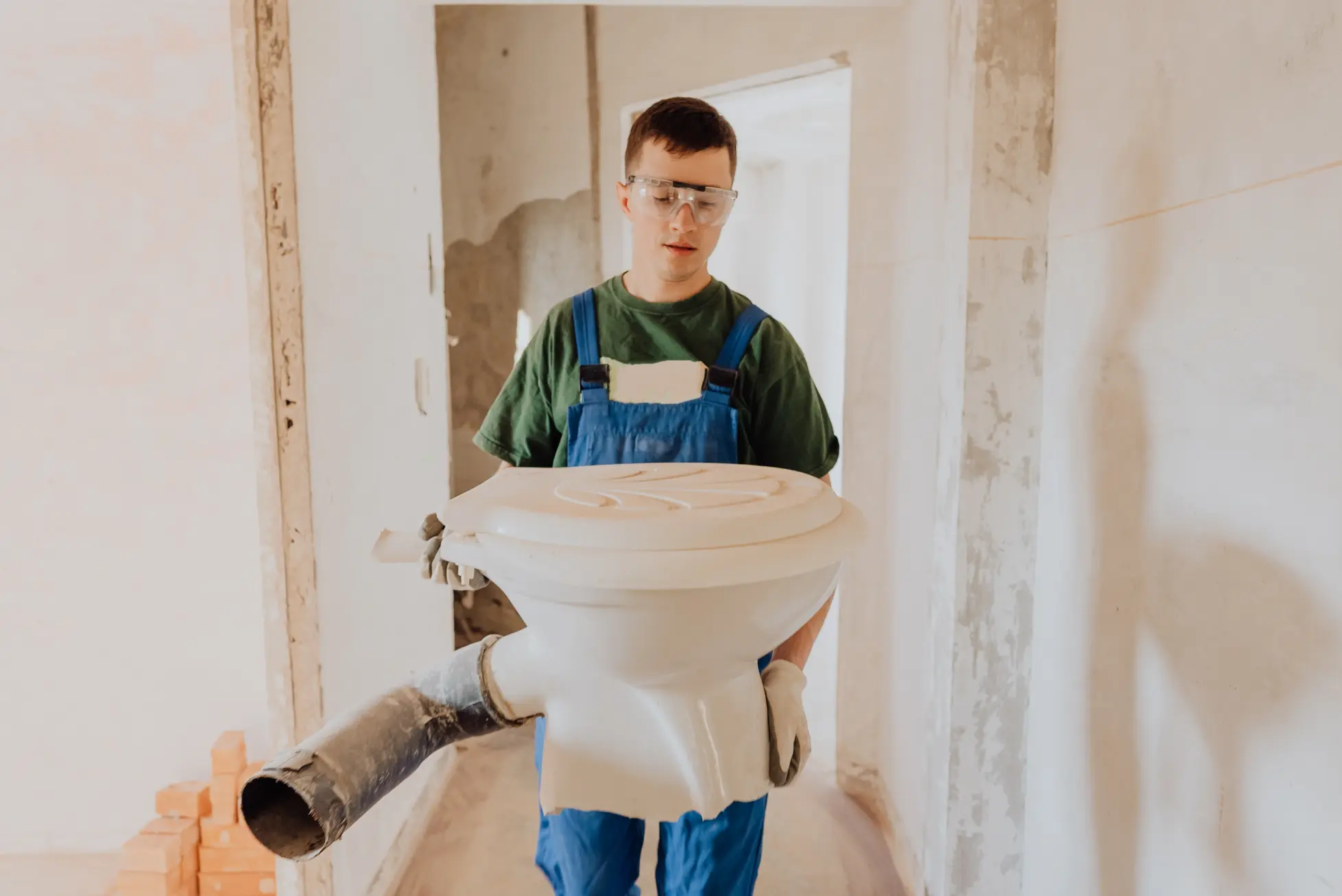 Worker carrying old toilet bowl